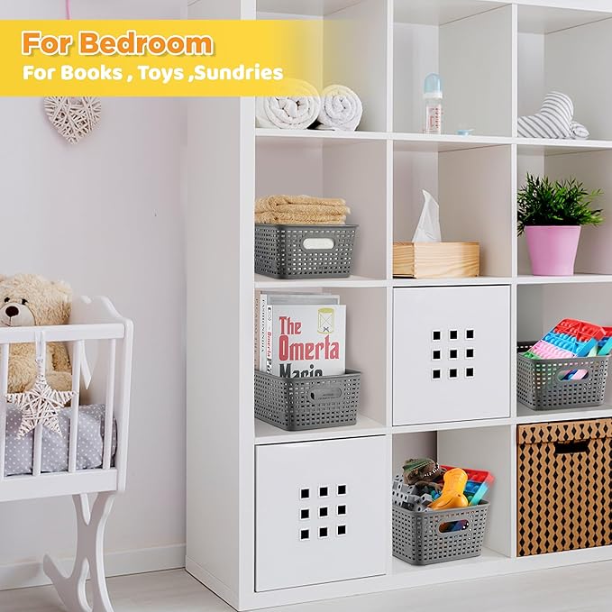 AREYZIN Plastic Storage Baskets Bins With Lid Organizing Container Lidded Knit Storage Organizer Bins for Shelves Drawers Desktop Closet Playroom Classroom Office 6 Pack