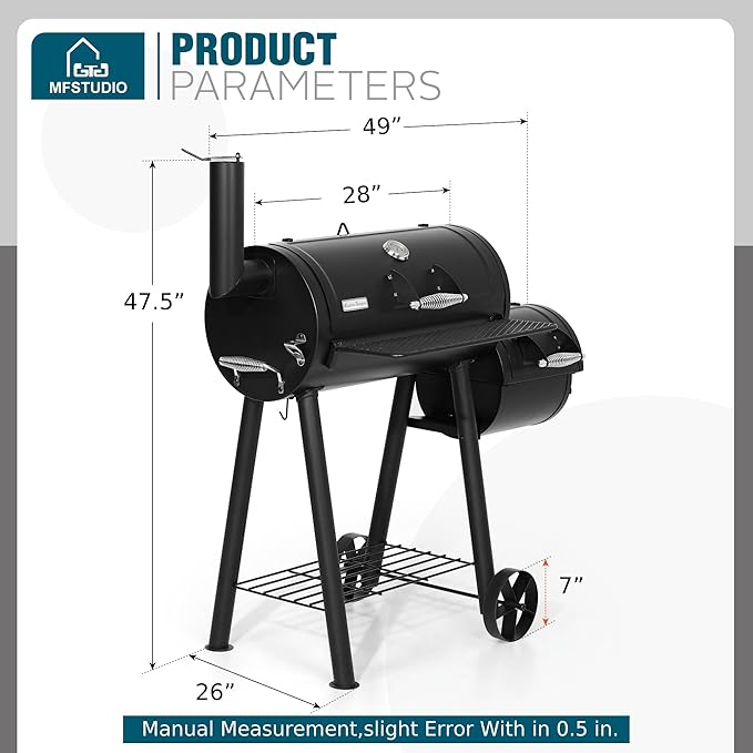MFSTUDIO Heavy Duty Charcoal Wood Offset Outdoor Smoker Grill Charcoal Grill with Smoker Combo for BBQ Grilling 512 SQ.IN.
