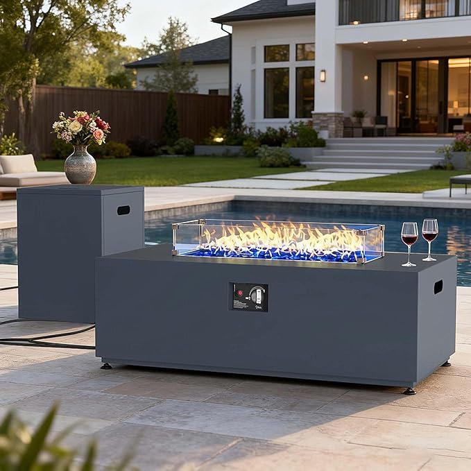LayinSun 42 Inch Outdoor Fire Pit Table for Outside Patio 55000BTU Rectangle Propane Firepit with Hidden Fuel Tank Glass Wind Guard Waterproof Cover and Lid
