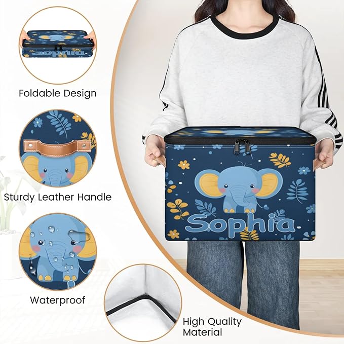 Custom Storage Basket with Name Personalized Storage Bins with Zipper Lid Foldable Fabric Storage Box Large capacity with Handle Elephant Flower Leaves