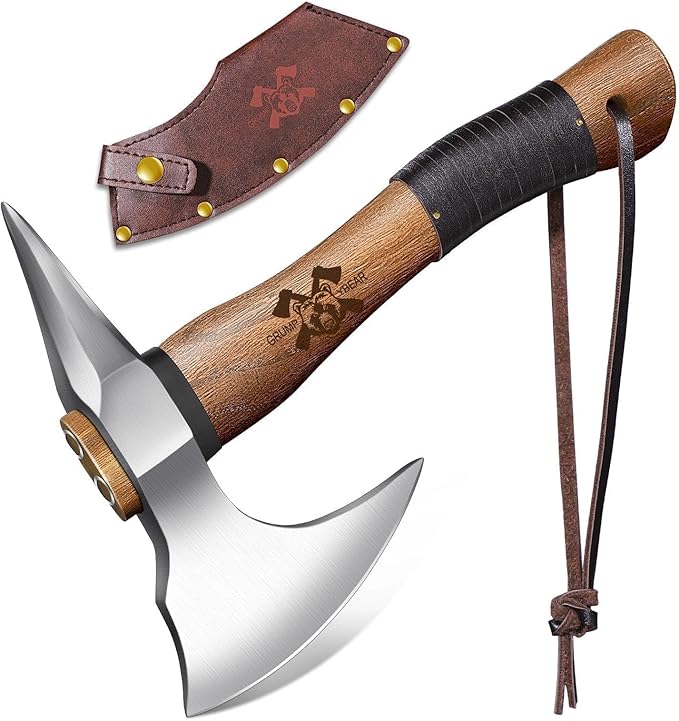 Grumpy Bear 11 Survival Axe Camping Hatchet – Forged High Carbon Steel Blade with Walnut Wood Handle – Shock-Absorbing Anti-Slip Grip – Ideal for Bushcraft Wood Splitting &amp Outdoor Adventures