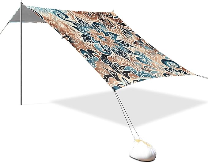 Bohemian Floral Retro Print Beach Tent Sun Shelter Set UPF50+ UV Protection 10.5 x 9.19 FT Camping Shade Canopy with Sandbags Sand Anchors Carrying Bag and Others