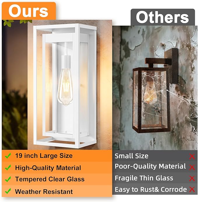 Large Outdoor Wall Sconce 2 Pack 19 White Outdoor Light Fixture Exterior Lighting Fixtures Anti-Rust Porch Lights with Clear Glass for Front Door Garage