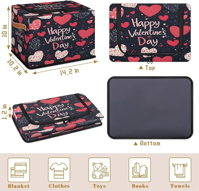 Happy Valentine Storage Bins with Zipper Lid Love Heart Fabric Lidded Storage Baskets Cubes with Handles Decorative Foldable Shelf Closet Organizer Container