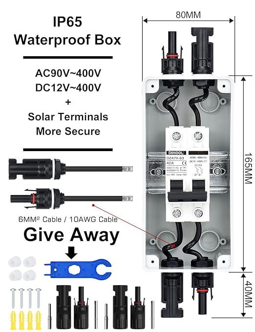 DIHOOL 40 Amp Solar Disconnect Switch with DC Circuit Breaker Box for Solar Panels IP65 Outdoor