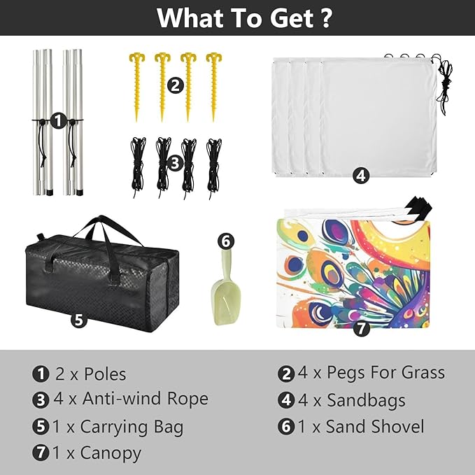 Cute Peacock Foldable Beach Tent UPF50 Lightweight Portable Sun Shelter with Carrying Bag for Camping Picnics Backyard &amp Fishing
