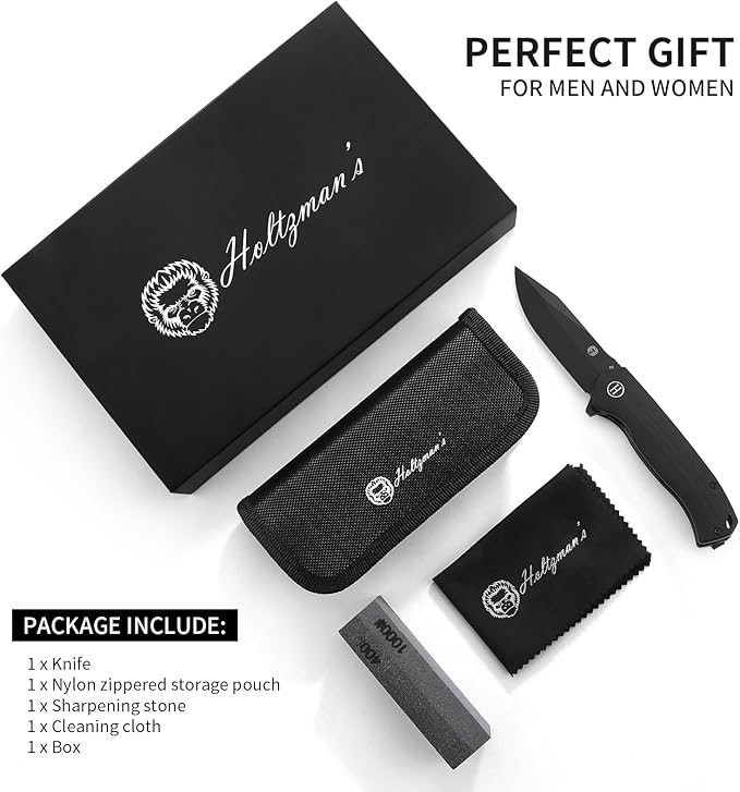 Holtzman's Gorilla Survival Folding Pocket Knife with D2 Steel Blade and Black G10 Handle - EDC Gift Set for Men and Women - Perfect for Everyday Carry