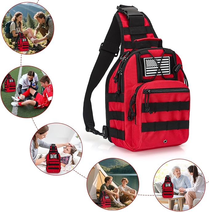 First Aid Sling Backpack - EMS Equipment Emergency Medical Supplies Tactical Range Shoulder Molle Bag - Heavy Duty Sports Outdoor Rescue Pack - Perfect for Camping Hiking Trekking - Red