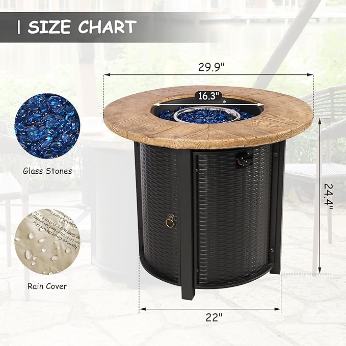30 Inch Round Propane Fire Pit Table50000 BTU Iron Gas Fire Pit with LidIgnition Systemsw/Glass Stones and Rain CoverOutdoor Firepit Table for Patio &amp Deck