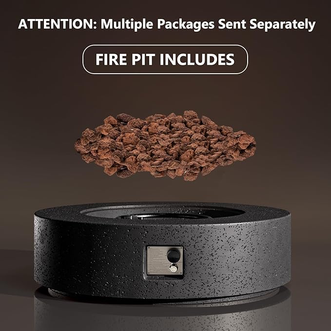 COSIEST 42 inch Outdoor Propane Fire Pit Coffee Table w Concrete Round Base Patio Heater 50000 BTU Stainless Steel Burner Free Lava Rocks Rain Cover Gray
