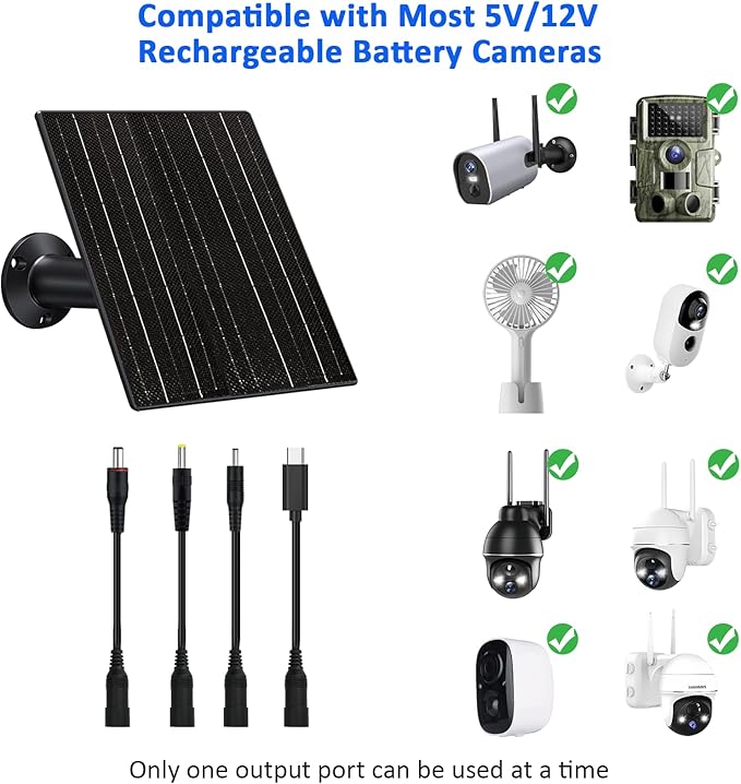 Zivif 10W Solar Panel for 5V/12V Security Camera &amp Trail Cameras Solar Charger with DC 5.5×2.1mm 4.0×1.7mm &amp 3.5×1.35mm &amp USB-C Connecter with 10400mAh Battery 360° Mount 9.8ft Cable