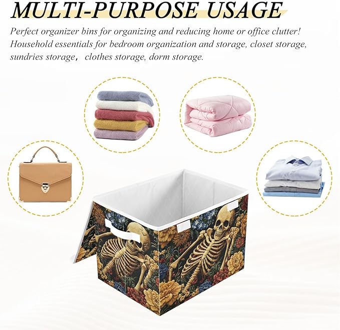 Storage Cube with Lid Skeleton Sleeping Print 16.5×12.6×11.8 IN Collapsible Large Capacity Foldable Storage Basket Bin Organizer