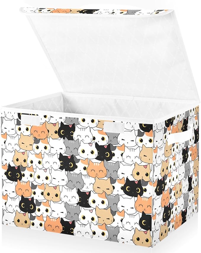 Storage Box Cat Cartoon Closet Storage Bins with Lids Foldable Oxford Fabric Storage Box for Home Bedroom Closet Office (16.5x12.6x11.8 in)