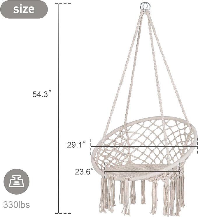 SUNCREAT Hammock Chair Macrame Swing with Side Pocket Hanging Cotton Rope Hammock Swing Chair for Indoor and Outdoor Use 330 lbs Capacity Beige