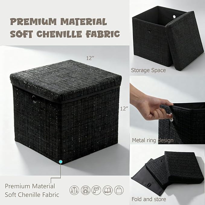 Chenille Fabric Storage Cubes with Lids Foldable Collapsible Storage Bins Sturdy Cube Organizers for Clothes Toys Blankets Bedroom Closet Shelf Home Organization
