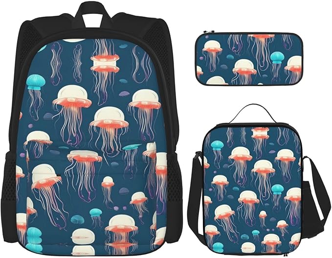 3pcs Backpack Sets Jellyfish Pattern Printed Backpacks Set With Lunch Bag Pencil Pouch
