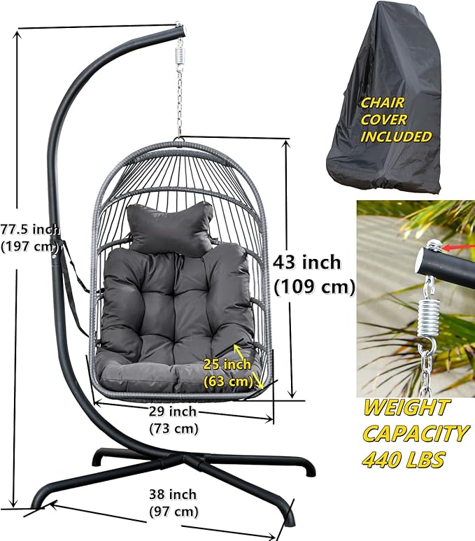 Swing Egg Chair with Stand for Outdoor and Indoor Hanging Egg Chair 440LBS Capacity (Dark Grey)