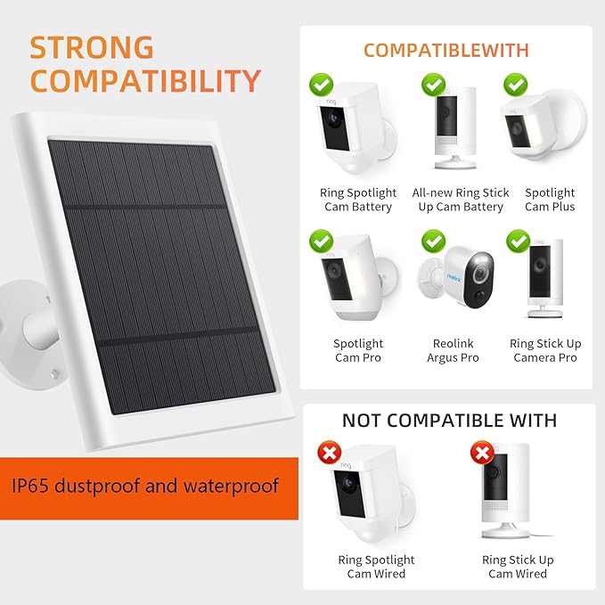 5 Pack IP65 Solar Panel for Rings Camera 4W Solar Charger Compatible with Rings Spotlight &ampAll-New Stick Up Outdoor Cam Battery 10ft Long Cable with USB-C to Barrel Plug Adapter