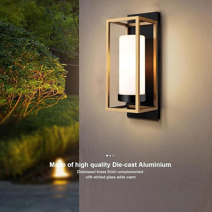 ALVIME Modern Outdoor Wall Lights 2 Pack Brushed Gold &amp Matte Black Exterior Sconce Waterproof Porch Light for House Garage Front Door Living Room Bathroom E26 Base Etched Opal Glass