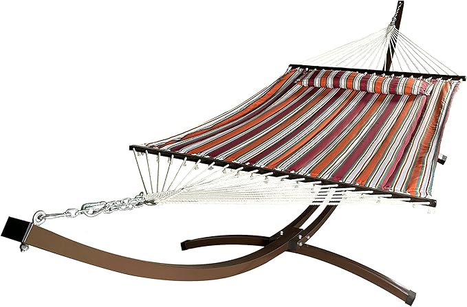 15 Ft. Indoor/Outdoor Heavy Duty Brown Steel Arc Hammock Stand &amp Premium Quilted Hammock Bed w/Pillow.(Elegant Fiesta Stripe)