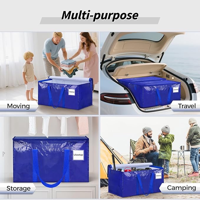 8 Pack Extra Large Heavy Duty Moving Bags Blue Storage Bins with Lids Reinforced Handles &amp Heavy-Duty Zippers Moving Boxes Storage Bags Totes for Clothes Packing Dorms College Supplies Blue