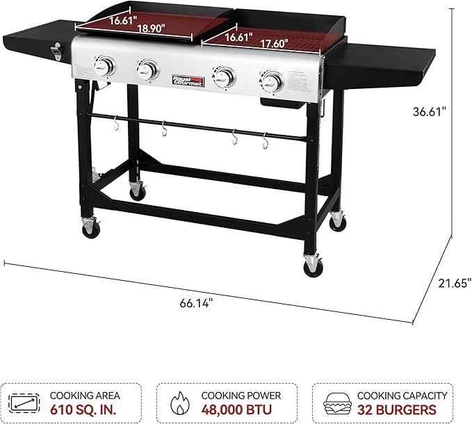 Royal Gourmet GD401C 4-Burner Propane Gas Grill and Griddle Combo with Cover Griddle Grill Combo with 48000 BTUs Output for Outdoor Cooking While Camping or Tailgating Black &amp Silver