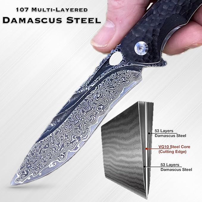 TACTICAL GEARZ Damascus Steel Pocket Knife for EDC Ebony (Black) Wood Handle Multi-Layered Damascus Steel Blade (Krato XT Beast Bundle)