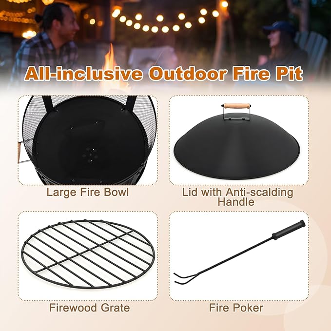Giantex 28 Portable Fire Pit on Wheels Outdoor Mobile Wood Burning Firepit w/Log Grate Fire Poker Heavy-Duty Steel Frame &amp Solid Metal Top 2-Door Gate Rolling Fire Pits for Entertaining Camp