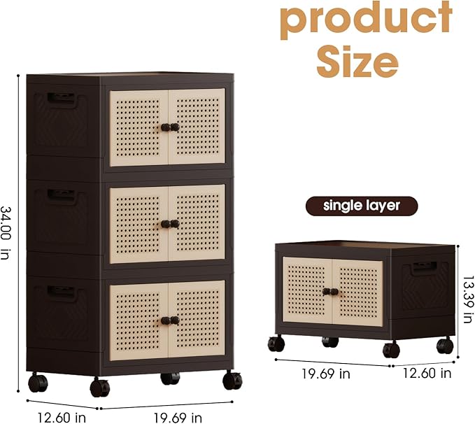 CXCJAI Foldable Plastic Storage Cabinet with Wheels Rattan-Style Doors Stackable Organizer with Magnetic DoorsStorage Boxes for Living Room Bedroom Office 3-Tier