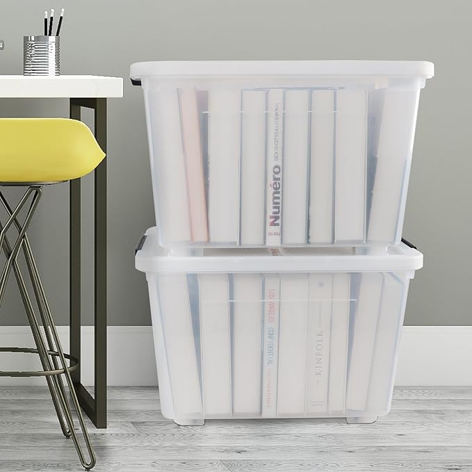 50 L 4 Packs Clear Large Storage Bin with Wheels Plastic Latching Boxes with Lid