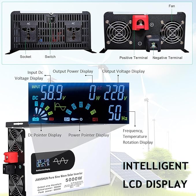 5000W Hybrid Solar Inverter 12V 24V 48V 60V 72V DC to 110V 220V AC Converter with LCD Screen Display Pure Sine Wave Inverter for Truck Home Vehicles Laptop Trip72V-5000W