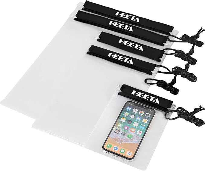 HEETA 2-Pack Waterproof Pouch with Waist Strap Transparent Screen Touchable Dry Bag Bundled with 5-Pack Clear Waterproof Dry Bag Water Tight Cases Pouch Dry Bags