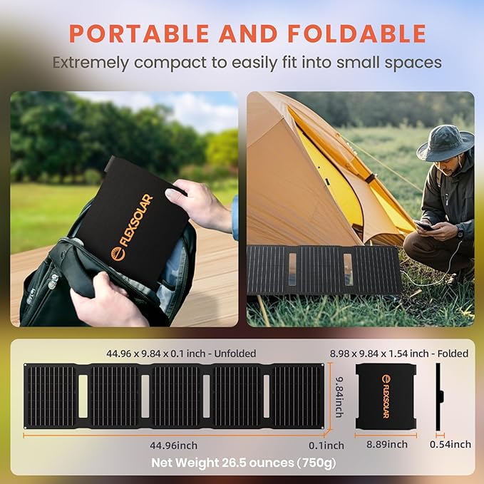 Upgraded FlexSolar 40W Portable Solar Panels Chargers with PD2.0 USB-CQC3.0 USB-A and DC Outputs Foldable IP67 Waterproof Power Emergency Camping for Small Power StationPhones Power Banks