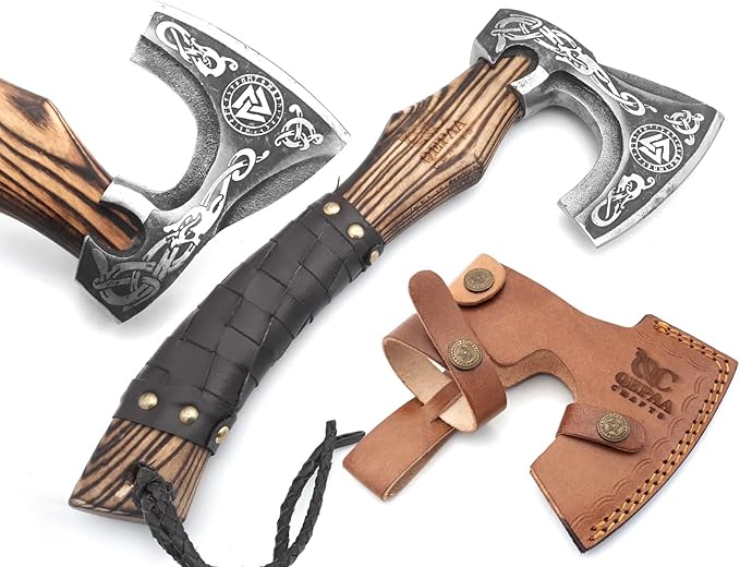 13” Inch Hand-Forged Viking Axe- Ash Wood Handle Hatchets and Axes with Leather Wrap Wood Splitting Axe Camping Axe Throwing Axes and Tomahawks - Gift for Him (Valknut)