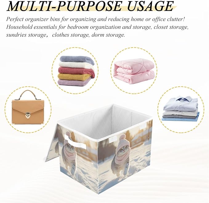 AIXIWAWA Lidded Storage Cube (Winter Cute Cat) Fabric Foldable Closet Bins with Flip Lid and Handles Organizer Basket Container 16.5 x 12.6 x 11.8 IN