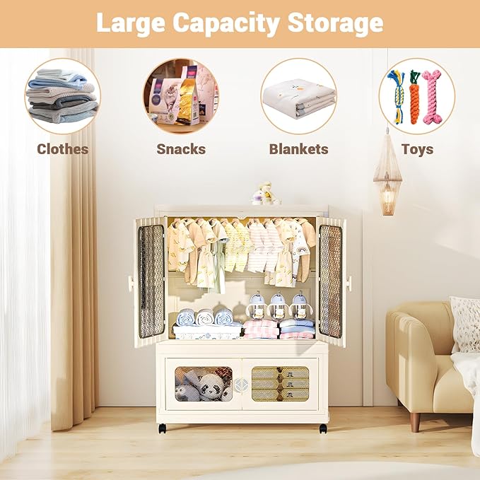 Stackable Storage Bins Plastic Collapsible Storage Containers with Doors Wheels And Hanging Rods 29.52 x 14.96 x 40.55 Large Lidded Closet Organizers Cabinet for Home OfficeWhite
