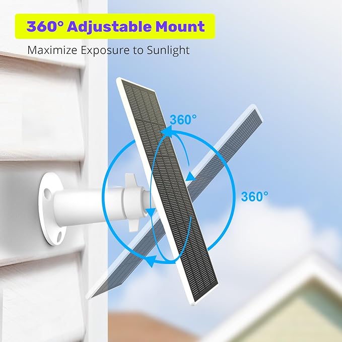 Certificated Solar Panel Compatible with WUUK Rechargeable Outdoor Camera Continuous Power Supply 2.5W Solar Panel for Home Security Camera IP66 Weatherproof 360° Adjustable Mount