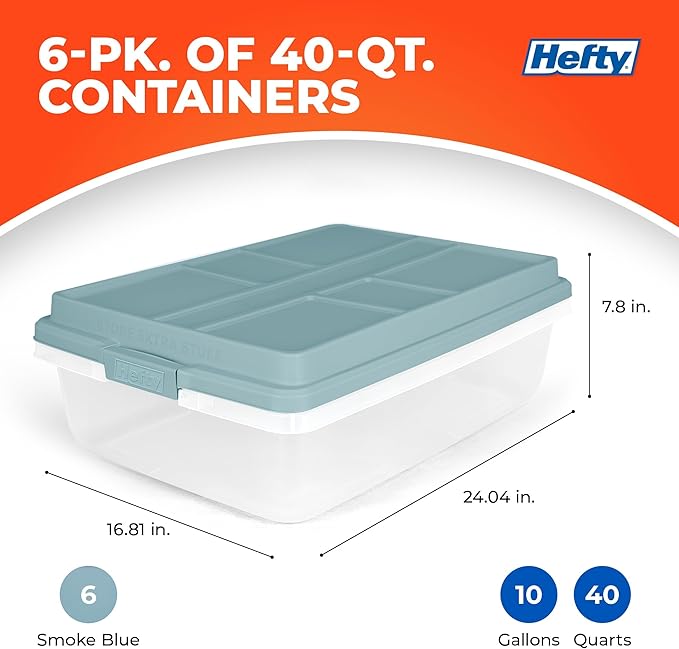 Hefty HI-RISE 40 Qt Stackable Storage Bins with Lids – 6 Pack Clear Plastic Under Bed Storage Containers Shoe Organizer Boxes with XL Lid-Locking Latches Comfort-Grip Handles Durable Double Rim