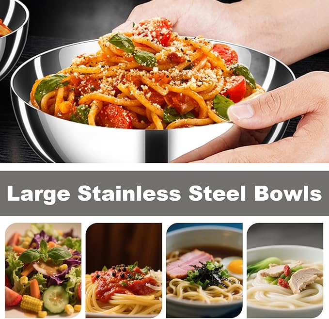 2 Pack 304 Stainless Steel Pasta Bowls 47oz Double Walled Insulated Soup Salad Bowls Unbreakable 8.7 Large Cereal/Ramen/Udon/Noodle/Pho Bowl Plates with 2 Spoons &amp Forks Dishwasher Safe
