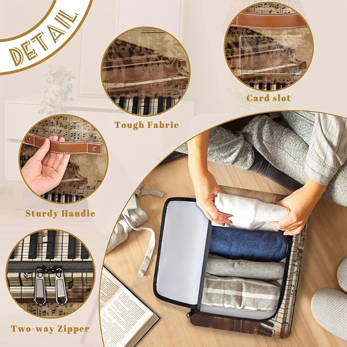 Retro Piano Storage Box with Lid Music Notes Collapsible Storage Bins Baskets Cubes Closet Shelf Clothes Organizer Containers with PU Leather Handles