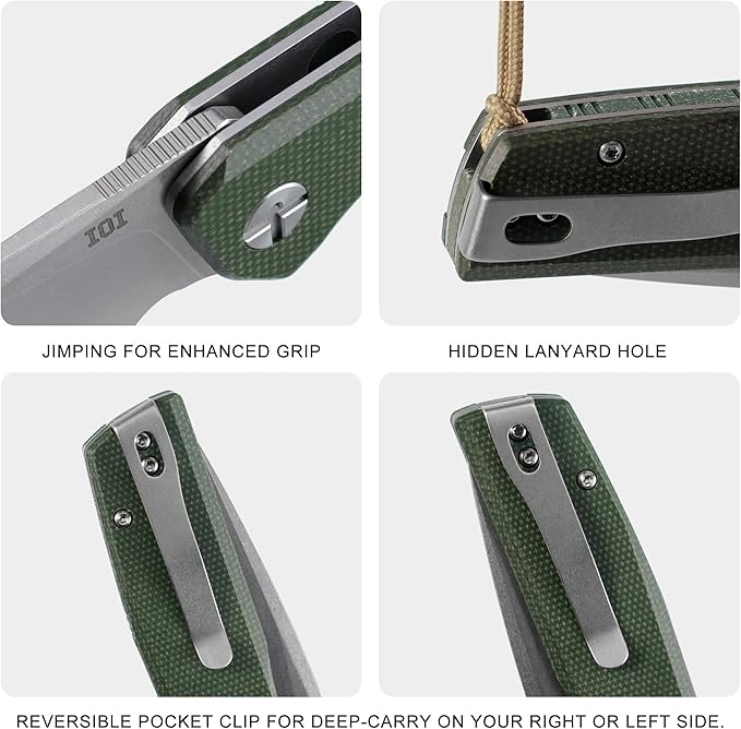 IOI Task Force I51186 Pocket Knife for Men – 14C28N Stonewashed Folding Blade Green Micarta Handle EDC Folding Knife with Clip Enhanced with Custom Left-Side Clip for Camping &amp Everyday Carry