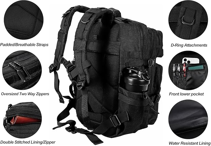 35L Hiking Tactical Backpack for Women Training Gym Fitness Bag Outdoor Camping Backpacks Travel Waterproof (Black)
