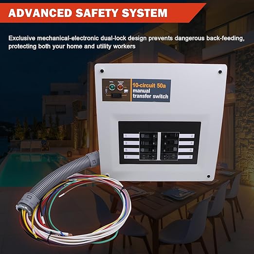 50 Amp 240V Manual Transfer Switch Kit Indoor Pre-Wired 10-Circuit Selector Compatible with Generac 9854for Portable Generators Such as XG10000E XP10000E GP15000E and GP17500E