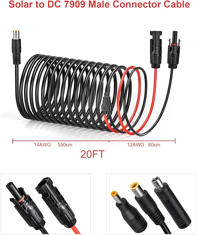 ELFCULB Solar to DC 8mm Cable 14AWG 20FT Solar Panel Connector to DC7909 Male Connector Cable for Solar Generator Portable Power Station