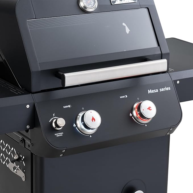 Monument Grills 2-Burner Foldable Stainless Steel Liquid Propane Gas Patio Garden Barbecue Grill with Clearview® Lid Knob Control Mesa220 with BBQ Cover