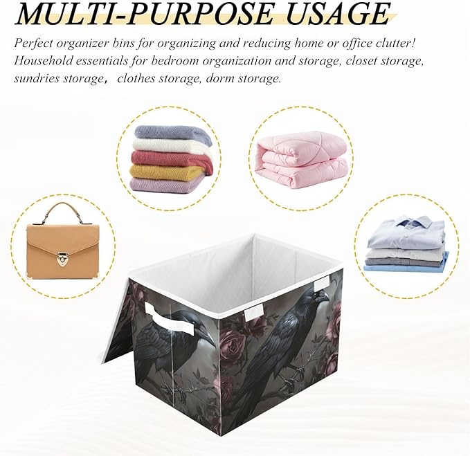 Raven Rose Gothic Red Collapsible Storage Bins with Lids &amp Handles Foldable Storage Boxes Basket with Flip-Top Lid for Home Office 16.5” x 12.6” x 11.8”