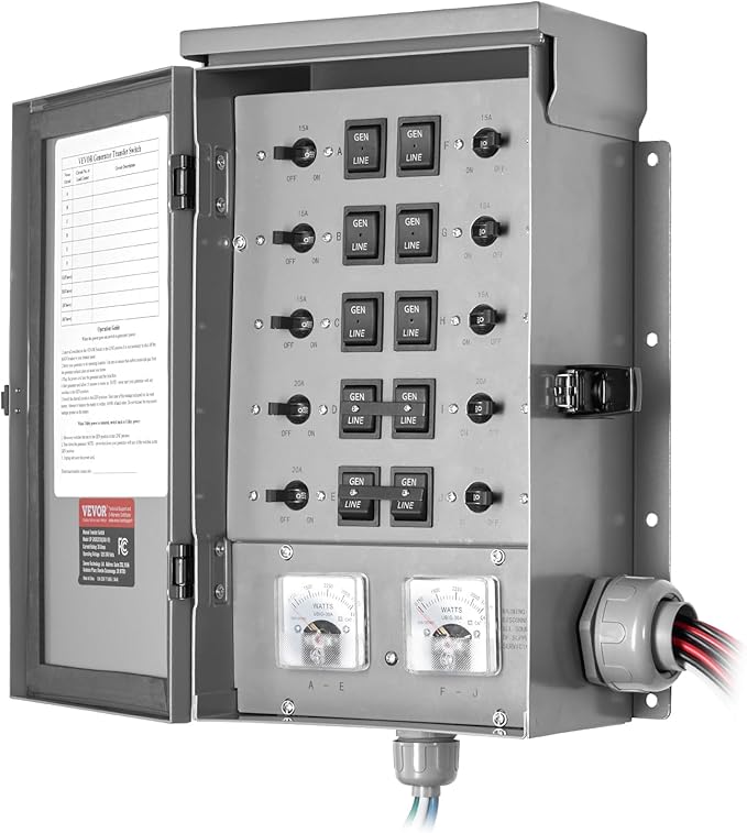 VEVOR Manual Transfer 30-Amp 10-Circuit Prewired Generator Transfer Kit with NEMA L14-30P Power Inlet Box Double-Throw NEMA 3R Mechanical Watt Meter for 7500W Generators