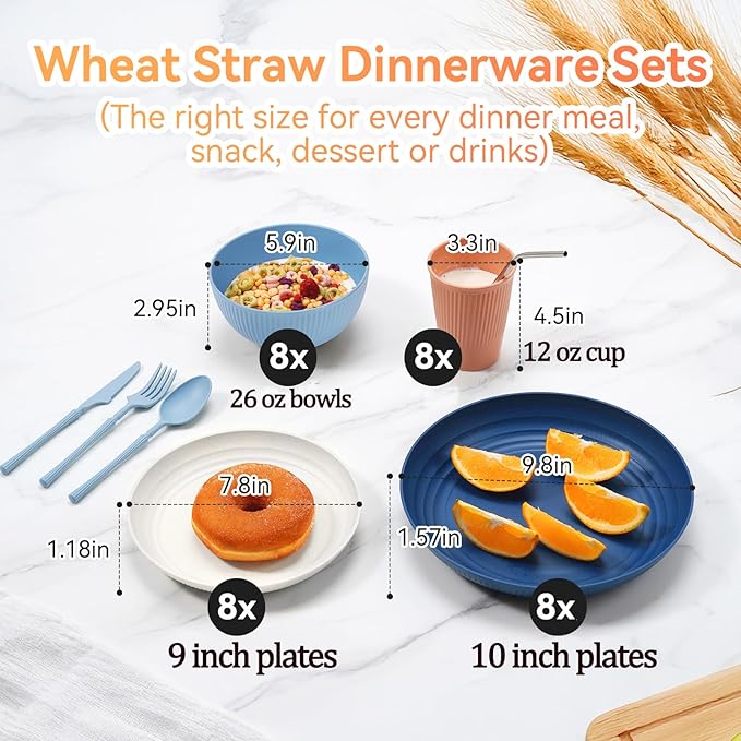 Wheat Straw Dinnerware Sets64-Piece Plates and Bowls Sets for 8-UnbreakableReusable Plastic Dish Set-Dinner Plate/Dessert Plate/Cereal Bowl/Cup/Utensils-Microwavable Dishwasher Safe 64P-Deep Gray