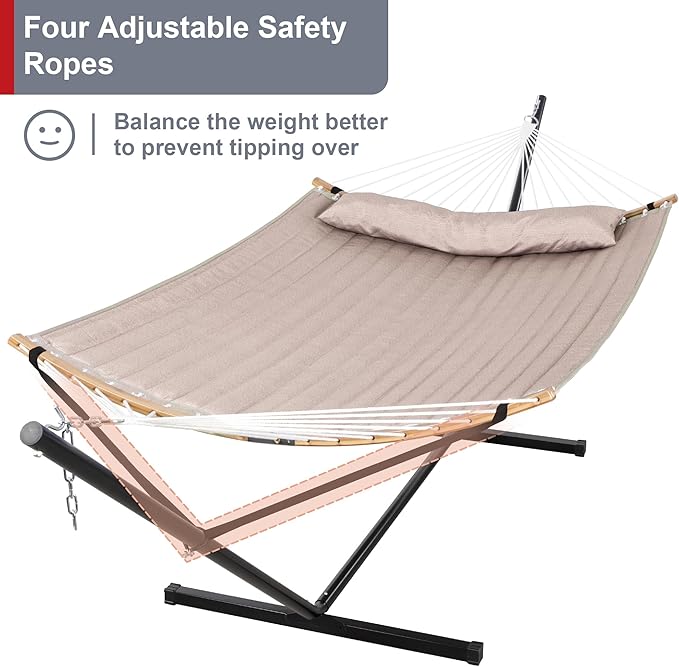 Double Hammock with 12 FT Stand 2 Person Curved Bar Hammock with Stand Pillow and Portable Carrying Bag Heavy Duty 450lbs Capacity Tan