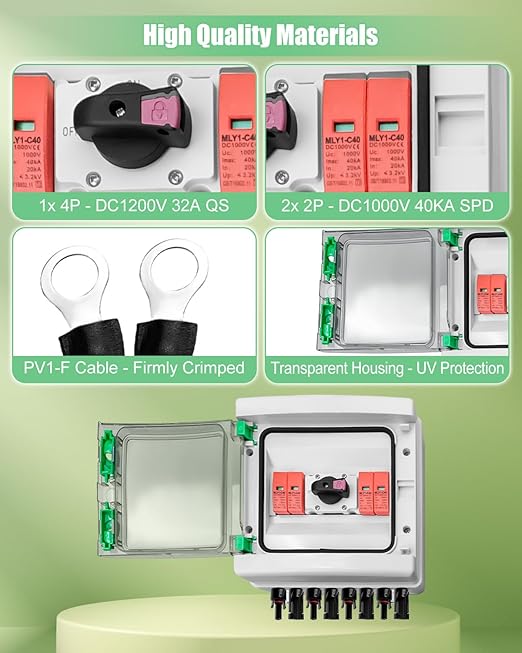32 Amp 2 Strings Solar Disconnect Switch with DC1000V Lightning Surge Protector Arrester and IP65 Waterproof 2 in 2 Out Solar PV Combiner Breaker Box for Outdoor Solar Panel System